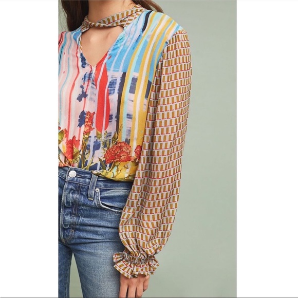 Anthropologie Conditions Apply Multicolor Peasant keyhole balloon sleeve blouse - Picture 8 of 16